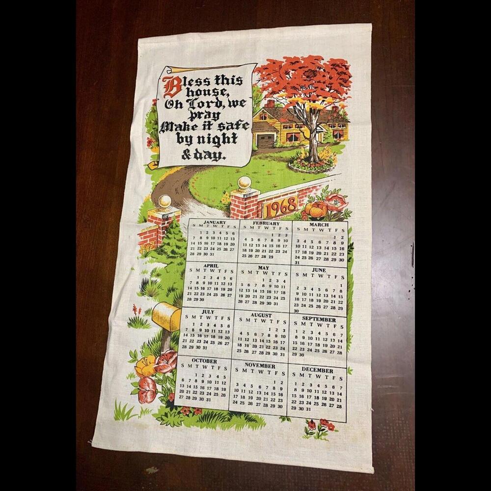 Vtg 1968 Tapestry Tea Towel Calendar Bless This House 16"x28" Kitchen Towel